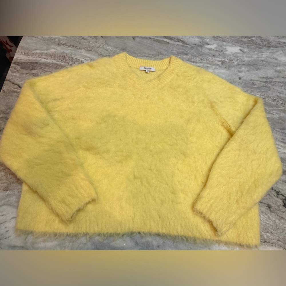 Madewell Soft Yellow Fuzzy V-Neck Sweater